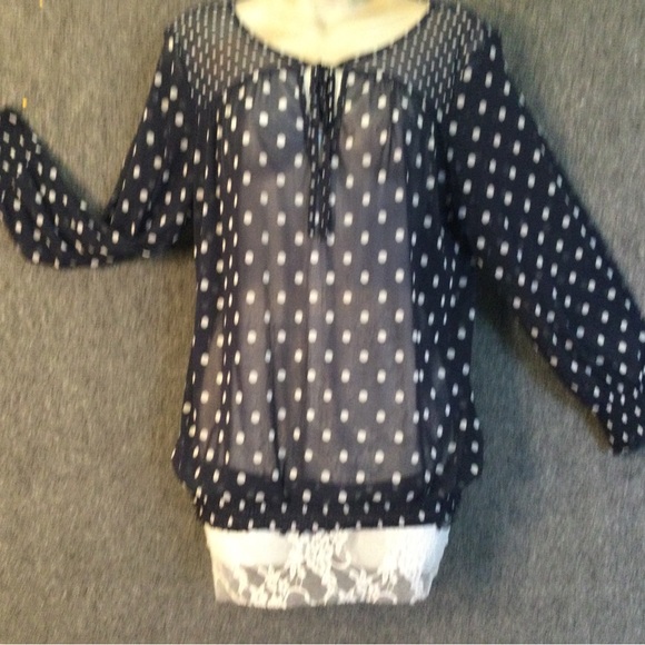 I.N.C. NAVY / WHITE sheer BLOUSE - Picture 5 of 5